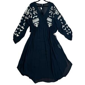 Free people Women Maxi sheer Dress Black Embroidered Sequins Long Sleeve Size L